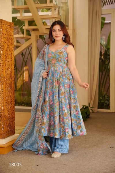 Classy Blue Best Selling Muslin Silk Printed Suit at Manufacturer Rate for Resellers Anarkali Kurtis 