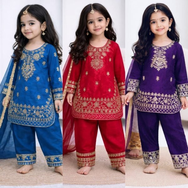 Classy Blue Designer Kids Ethnic Set with Embroidery Work Girls Wear