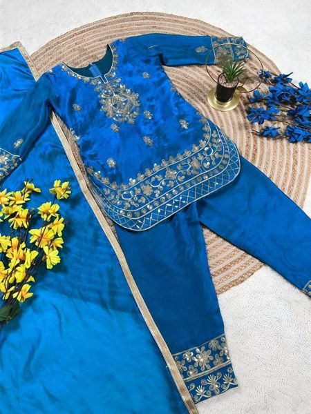 Classy Blue Designer Kids Ethnic Set with Embroidery Work Girls Wear