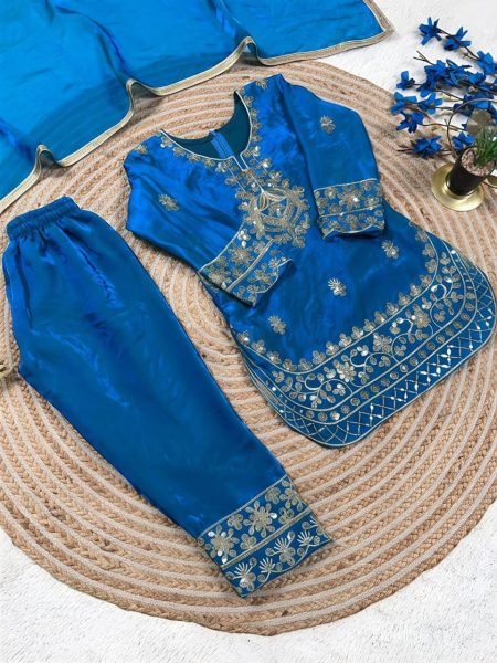 Classy Blue Designer Kids Ethnic Set with Embroidery Work Girls Wear