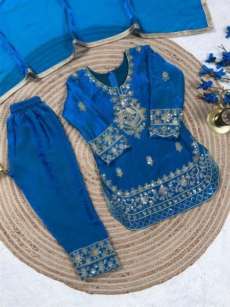 Classy Blue Designer Kids Ethnic Set with Embroidery Work Girls Wear