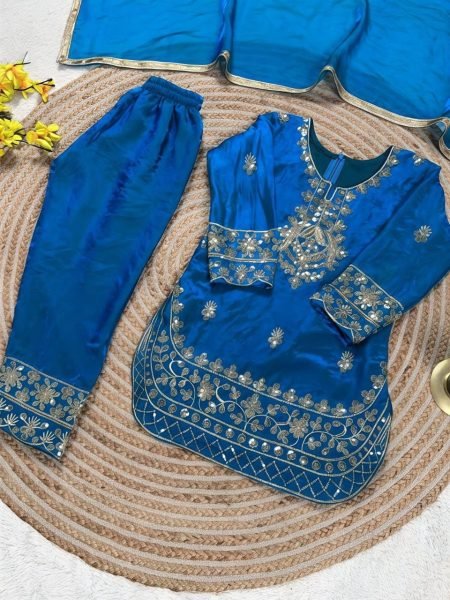 Classy Blue Designer Kids Ethnic Set with Embroidery Work Girls Wear