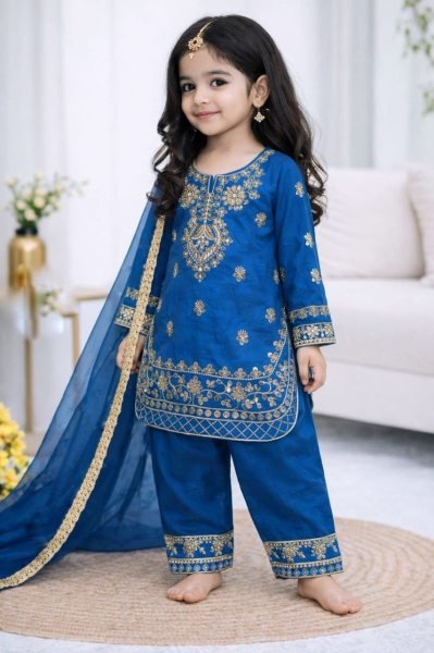 Classy Blue Designer Kids Ethnic Set with Embroidery Work Girls Wear