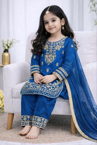 Classy Blue Designer Kids Ethnic Set with Embroidery Work Girls Wear