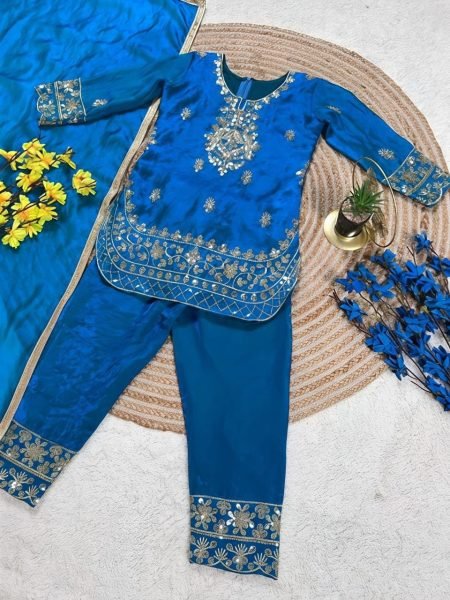 Classy Blue Designer Kids Ethnic Set with Embroidery Work Girls Wear
