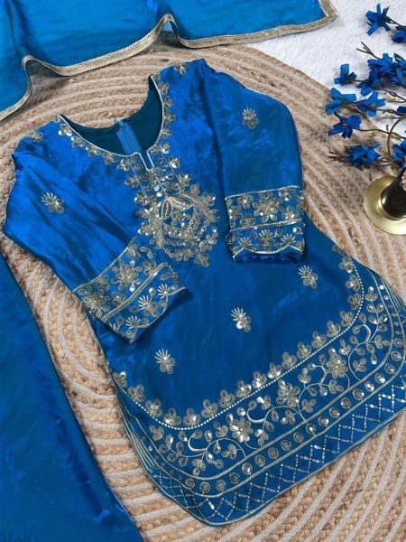 Classy Blue Designer Kids Ethnic Set with Embroidery Work Girls Wear