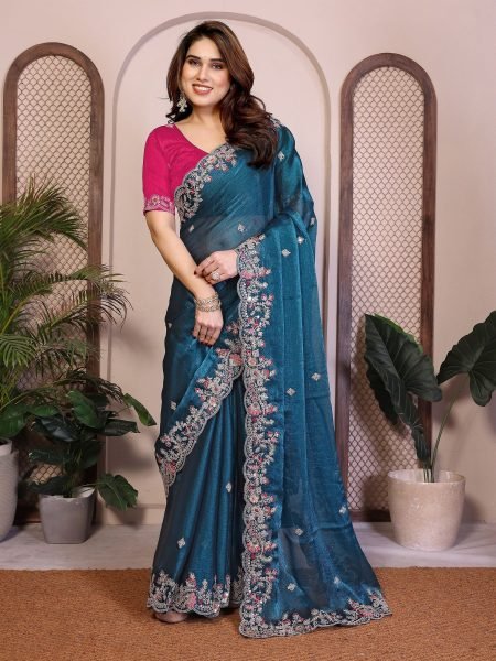Classy Blue Fendy Chiffon Silk Saree with Embroidery and Piping Border for Party Sarees 