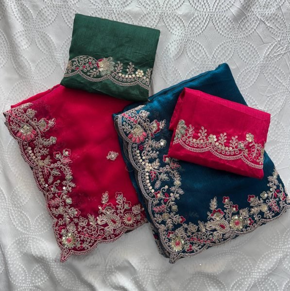 Classy Blue Fendy Chiffon Silk Saree with Embroidery and Piping Border for Party Silk Sarees Wholesale