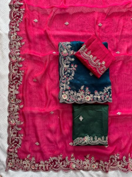 Classy Blue Fendy Chiffon Silk Saree with Embroidery and Piping Border for Party Silk Sarees Wholesale