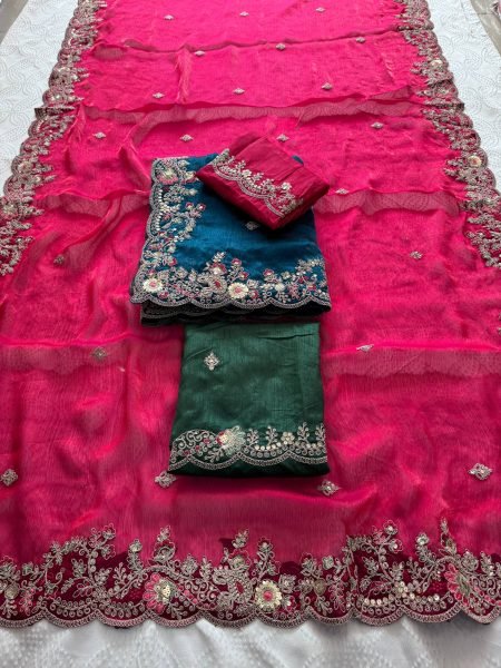 Classy Blue Fendy Chiffon Silk Saree with Embroidery and Piping Border for Party Silk Sarees Wholesale
