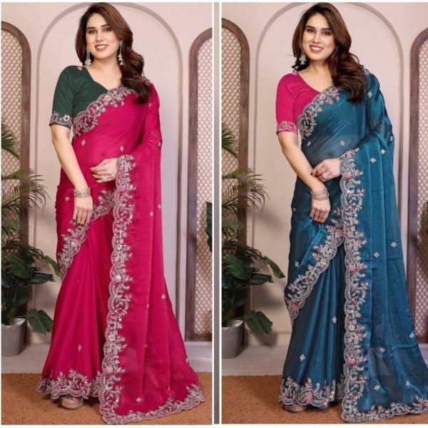 Classy Blue Fendy Chiffon Silk Saree with Embroidery and Piping Border for Party Silk Sarees Wholesale