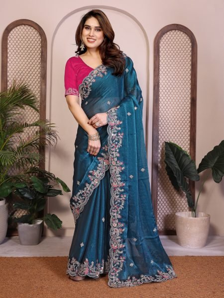 Classy Blue Fendy Chiffon Silk Saree with Embroidery and Piping Border for Party Silk Sarees Wholesale