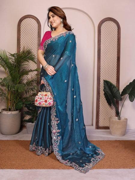 Classy Blue Fendy Chiffon Silk Saree with Embroidery and Piping Border for Party Silk Sarees Wholesale