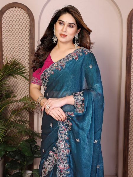 Classy Blue Fendy Chiffon Silk Saree with Embroidery and Piping Border for Party Silk Sarees Wholesale
