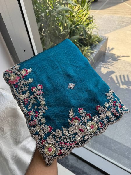 Classy Blue Fendy Chiffon Silk Saree with Embroidery and Piping Border for Party Silk Sarees Wholesale