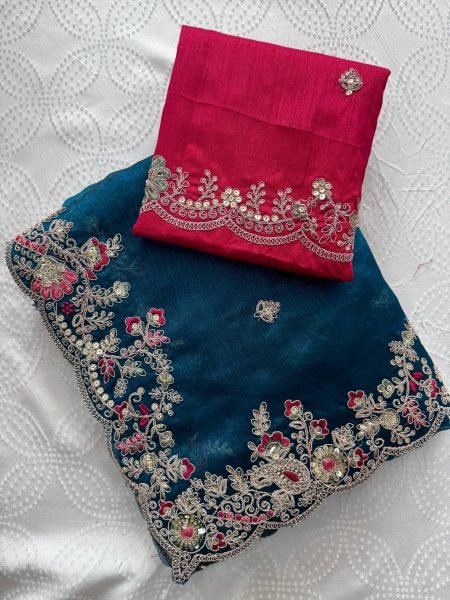 Classy Blue Fendy Chiffon Silk Saree with Embroidery and Piping Border for Party Silk Sarees Wholesale