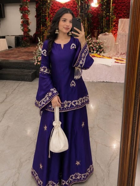 Classy Blue French Crepe Kurti Palazzo Set With Sequence Work And Dupatta With Rayon Fringes Lace Ready To Wear Suit