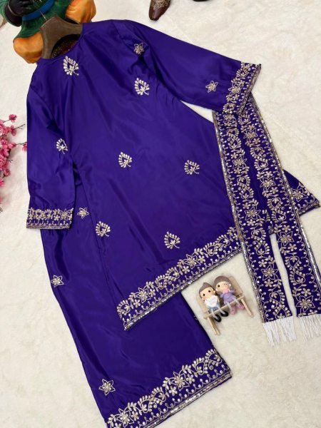 Classy Blue French Crepe Kurti Palazzo Set With Sequence Work And Dupatta With Rayon Fringes Lace Ready To Wear Collection