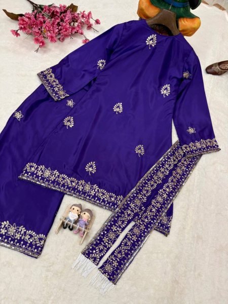 Classy Blue French Crepe Kurti Palazzo Set With Sequence Work And Dupatta With Rayon Fringes Lace Ready To Wear Collection
