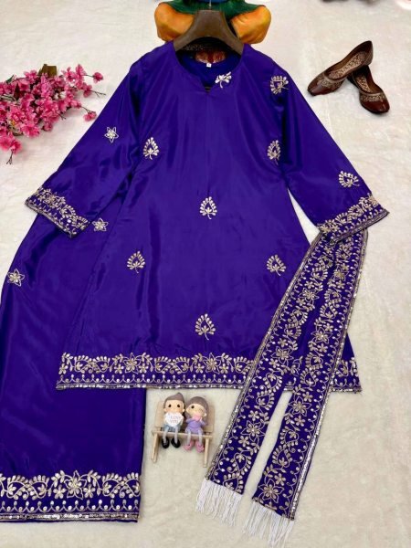Classy Blue French Crepe Kurti Palazzo Set With Sequence Work And Dupatta With Rayon Fringes Lace Ready To Wear Collection