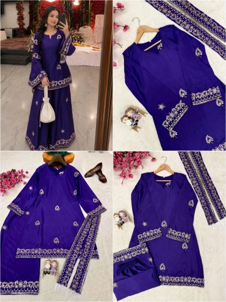 Classy Blue French Crepe Kurti Palazzo Set With Sequence Work And Dupatta With Rayon Fringes Lace Ready To Wear Collection