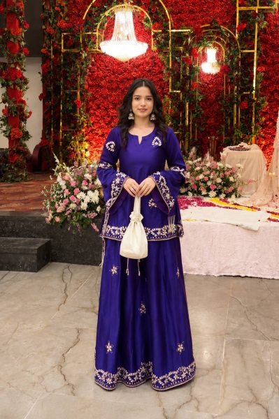 Classy Blue French Crepe Kurti Palazzo Set With Sequence Work And Dupatta With Rayon Fringes Lace Ready To Wear Collection
