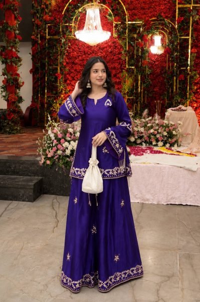 Classy Blue French Crepe Kurti Palazzo Set With Sequence Work And Dupatta With Rayon Fringes Lace Ready To Wear Collection