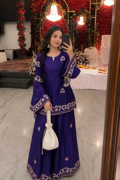 Classy Blue French Crepe Kurti Palazzo Set With Sequence Work And Dupatta With Rayon Fringes Lace Ready To Wear Collection
