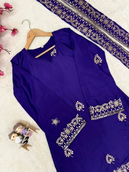 Classy Blue French Crepe Kurti Palazzo Set With Sequence Work And Dupatta With Rayon Fringes Lace Ready To Wear Collection