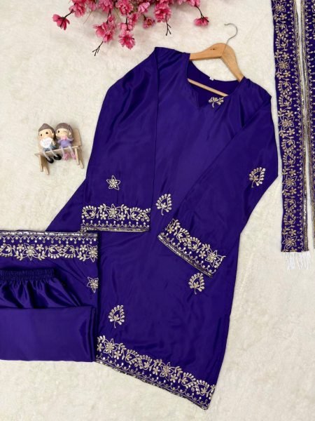 Classy Blue French Crepe Kurti Palazzo Set With Sequence Work And Dupatta With Rayon Fringes Lace Ready To Wear Collection