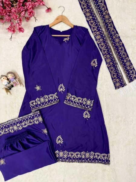 Classy Blue French Crepe Kurti Palazzo Set With Sequence Work And Dupatta With Rayon Fringes Lace Ready To Wear Collection