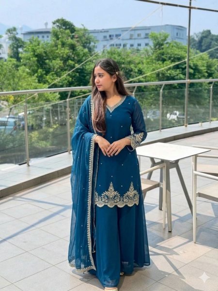 Classy Blue Stylish Kurti Plazzo Set with Lace Dupatta for Ladies Ready To Wear Suit