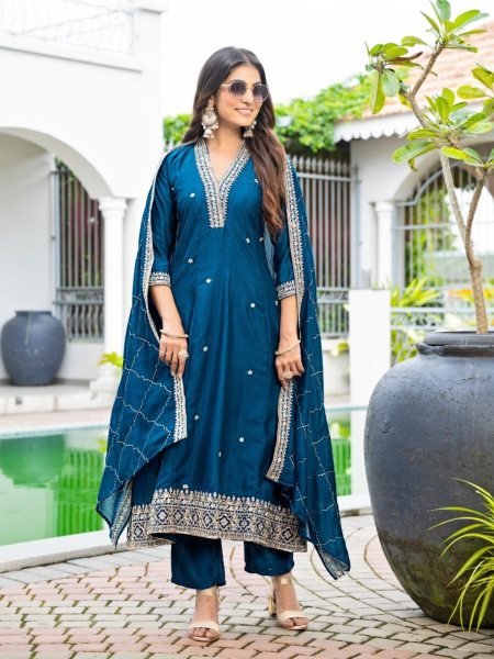 Classy Blue Vichitra Silk Embroidered Anarkali Kurti Set With Dupatta Kurtis