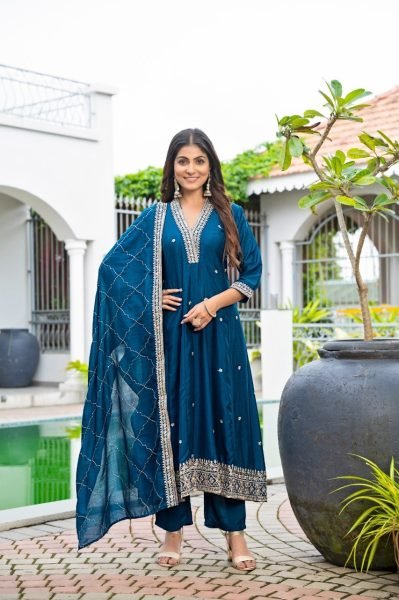 Classy Blue Vichitra Silk Embroidered Anarkali Kurti Set With Dupatta Anarkali Kurtis 