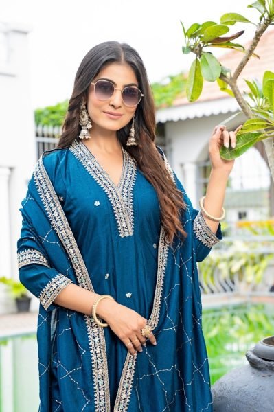 Classy Blue Vichitra Silk Embroidered Anarkali Kurti Set With Dupatta Anarkali Kurtis 