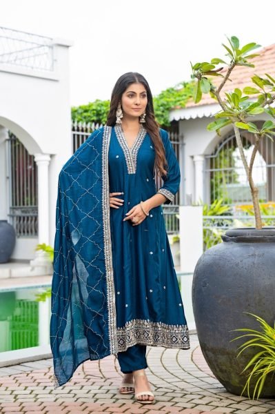 Classy Blue Vichitra Silk Embroidered Anarkali Kurti Set With Dupatta Anarkali Kurtis 