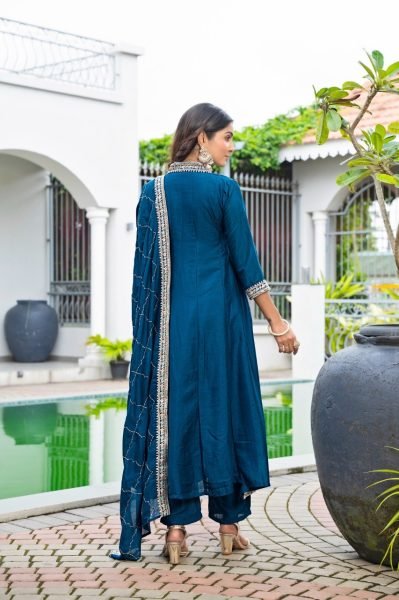 Classy Blue Vichitra Silk Embroidered Anarkali Kurti Set With Dupatta Anarkali Kurtis 