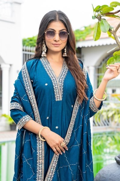 Classy Blue Vichitra Silk Embroidered Anarkali Kurti Set With Dupatta Anarkali Kurtis 
