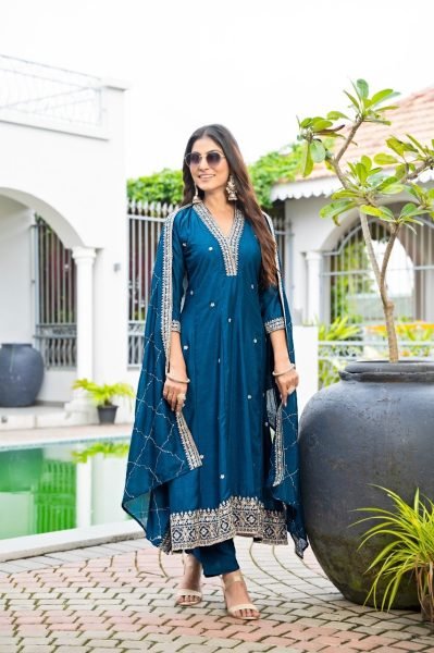 Classy Blue Vichitra Silk Embroidered Anarkali Kurti Set With Dupatta Anarkali Kurtis 