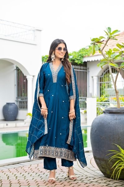 Classy Blue Vichitra Silk Embroidered Anarkali Kurti Set With Dupatta Anarkali Kurtis 
