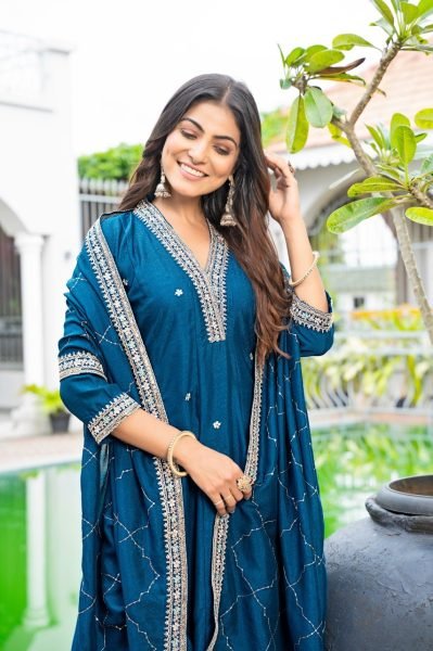 Classy Blue Vichitra Silk Embroidered Anarkali Kurti Set With Dupatta Anarkali Kurtis 