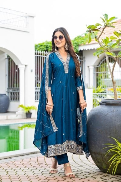 Classy Blue Vichitra Silk Embroidered Anarkali Kurti Set With Dupatta Anarkali Kurtis 