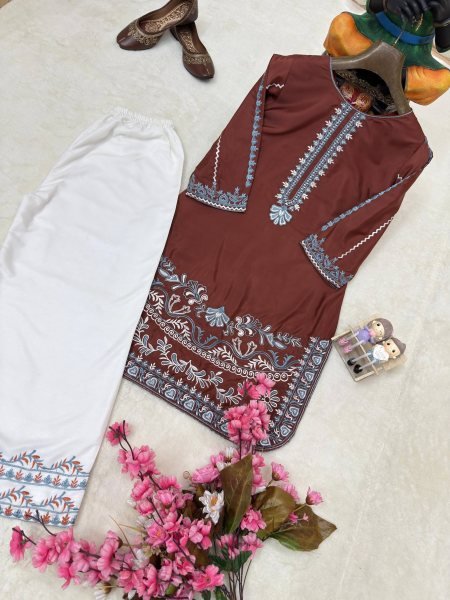 Classy Brown French Crepe Kurti Palazzo Set with Thread Embroidery Work for Daily Wear CO ORD Sets