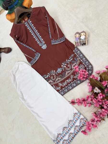 Classy Brown French Crepe Kurti Palazzo Set with Thread Embroidery Work for Daily Wear CO ORD Sets