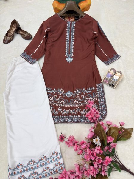 Classy Brown French Crepe Kurti Palazzo Set with Thread Embroidery Work for Daily Wear CO ORD Sets