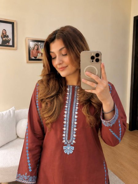 Classy Brown French Crepe Kurti Palazzo Set with Thread Embroidery Work for Daily Wear CO ORD Sets