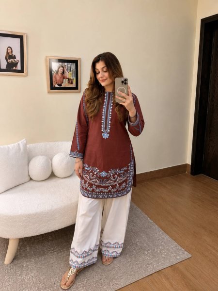 Classy Brown French Crepe Kurti Palazzo Set with Thread Embroidery Work for Daily Wear CO ORD Sets
