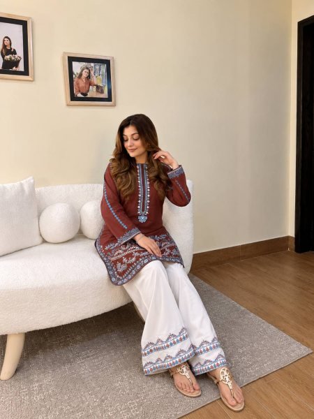Classy Brown French Crepe Kurti Palazzo Set with Thread Embroidery Work for Daily Wear CO ORD Sets