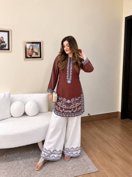 Classy Brown French Crepe Kurti Palazzo Set with Thread Embroidery Work for Daily Wear CO ORD Sets