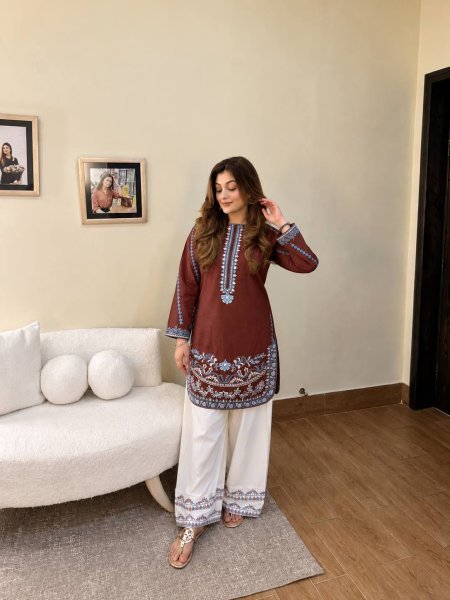 Classy Brown French Crepe Kurti Palazzo Set with Thread Embroidery Work for Daily Wear CO ORD Sets